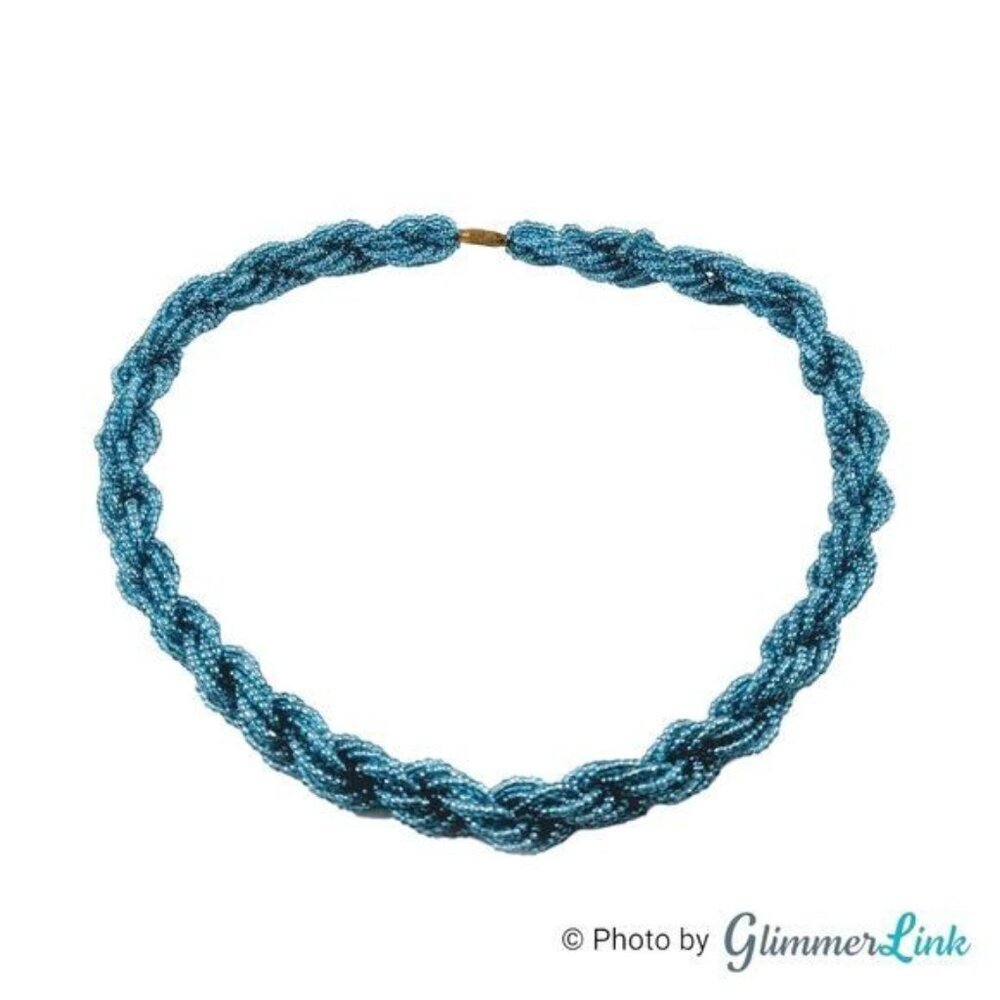 Vintage Blue Seed Bead Torsade Multi Strand Statement Necklace